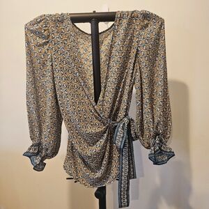 Max Studio Women's Elegant Wrap Blouse in Gold, Green and White, Size Small